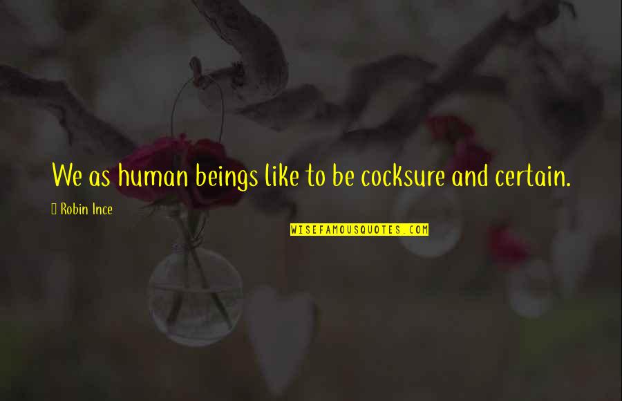 Graessles Tanglewood Quotes By Robin Ince: We as human beings like to be cocksure Graessles Tanglewood Quotes By Robin Ince: We as human beings like to be cocksure