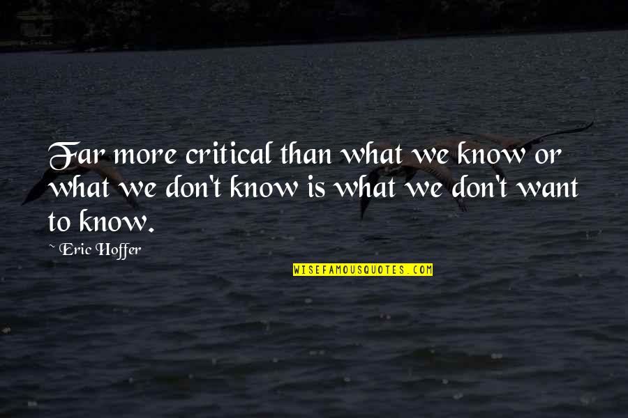 Grained Background Quotes By Eric Hoffer: Far more critical than what we know or