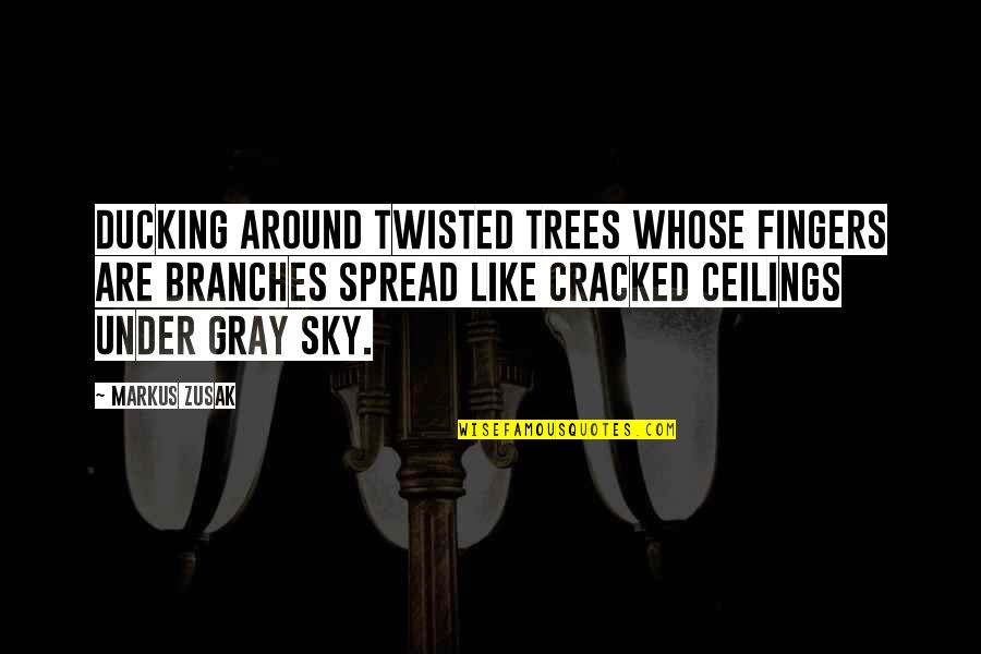 Gray Sky Quotes By Markus Zusak: Ducking around twisted trees whose fingers are branches