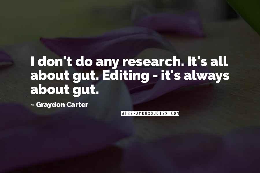 Graydon Carter quotes: I don't do any research. It's all about gut. Editing - it's always about gut.