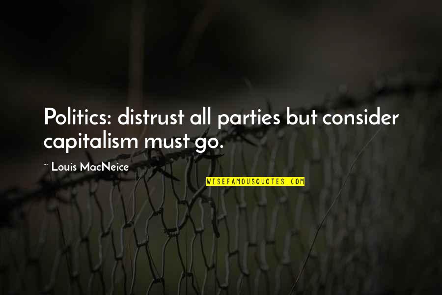 Great Nuclear Quotes By Louis MacNeice: Politics: distrust all parties but consider capitalism must