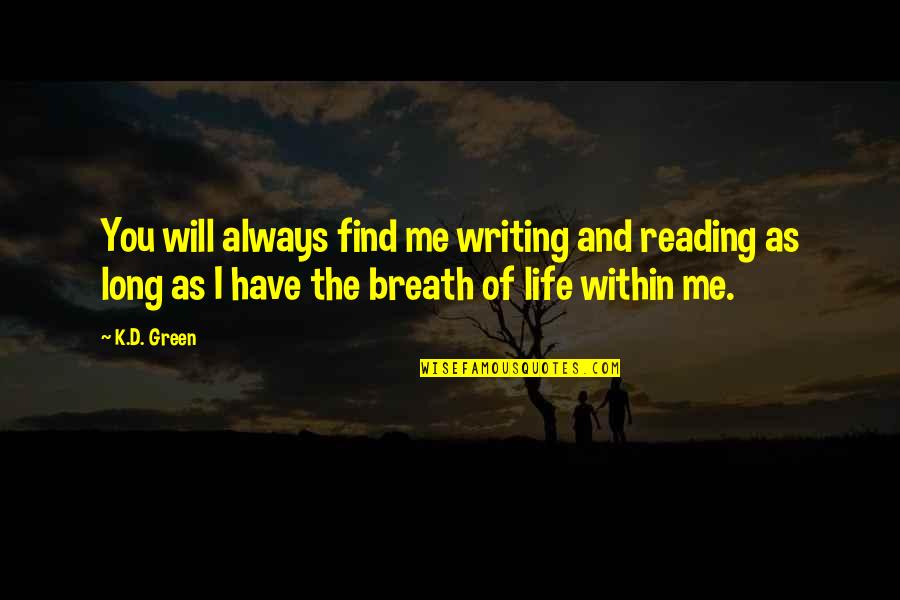 Green Quotes And Quotes By K.D. Green: You will always find me writing and reading