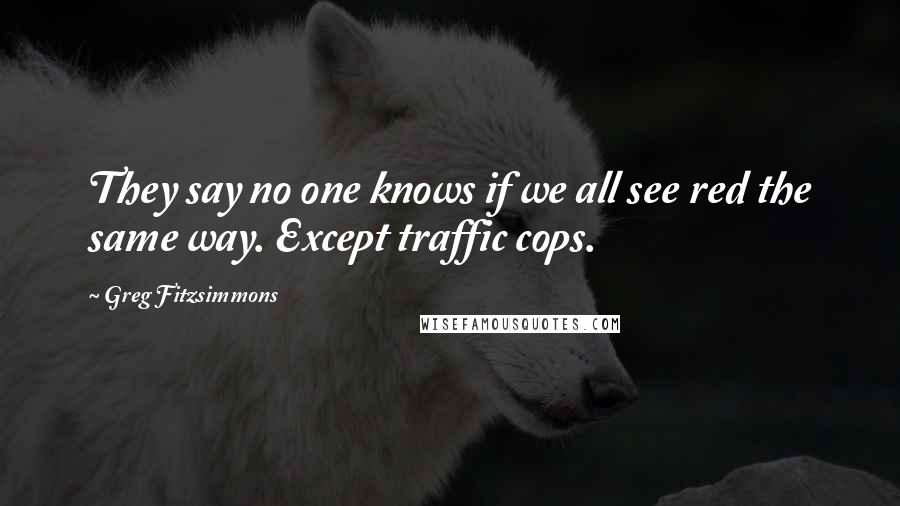 Greg Fitzsimmons quotes: They say no one knows if we all see red the same way. Except traffic cops.