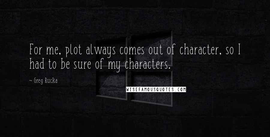 Greg Rucka quotes: For me, plot always comes out of character, so I had to be sure of my characters. Greg Rucka quotes: For me, plot always comes out of character, so I had to be sure of my characters.