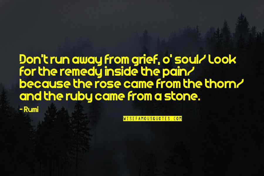 Grief And Pain Quotes By Rumi: Don't run away from grief, o' soul/ Look