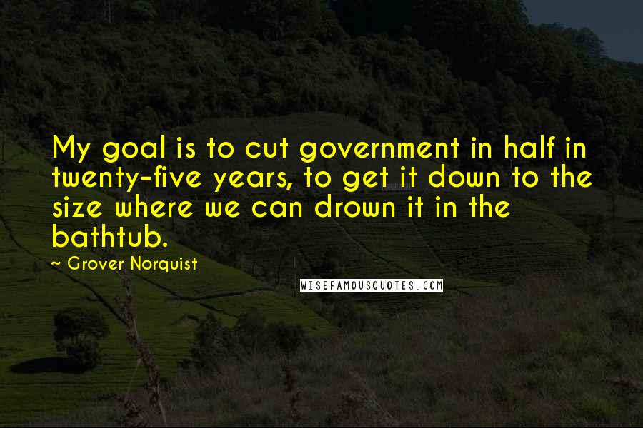 Grover Norquist quotes: My goal is to cut government in half in twenty-five years, to get it down to the size where we can drown it in the bathtub.