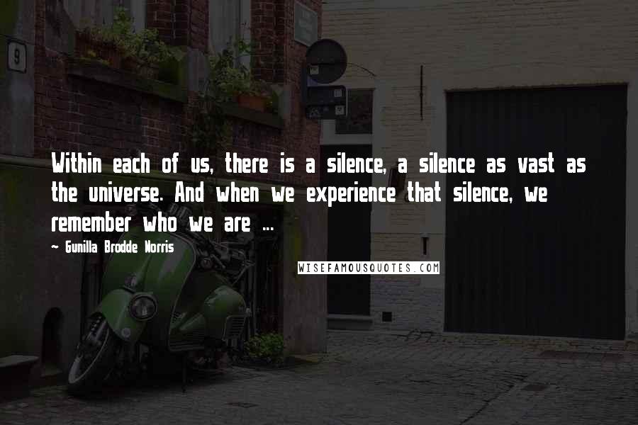 Gunilla Brodde Norris quotes: Within each of us, there is a silence, a silence as vast as the universe. And when we experience that silence, we remember who we are ...