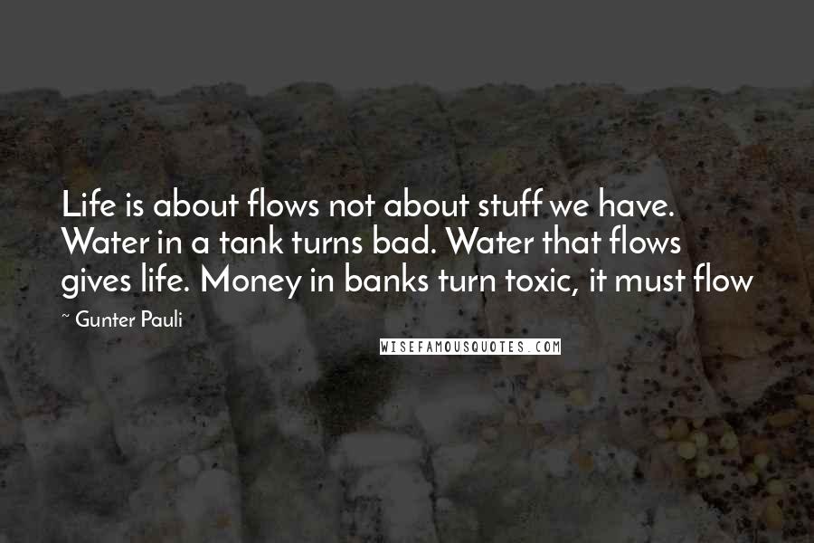 Gunter Pauli quotes: Life is about flows not about stuff we have. Water in a tank turns bad. Water that flows gives life. Money in banks turn toxic, it must flow