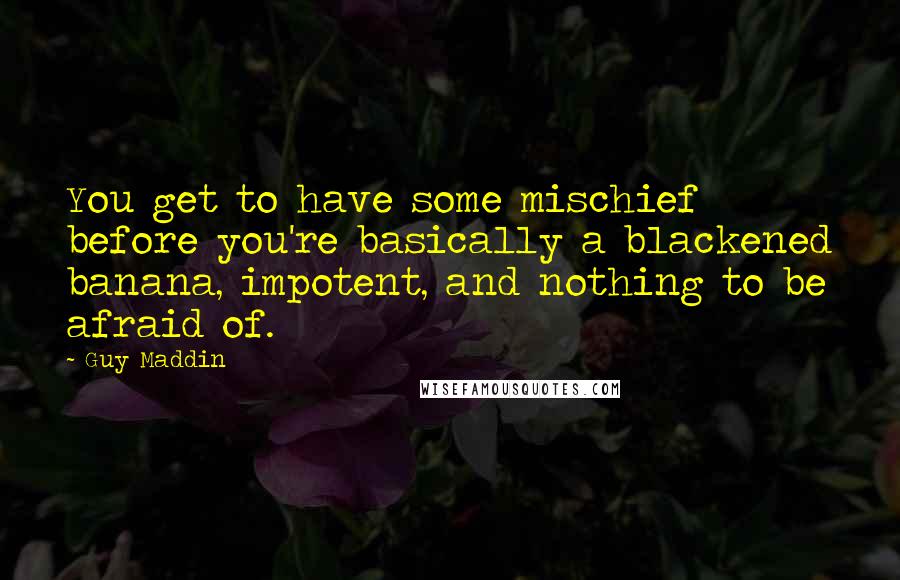 Guy Maddin quotes: You get to have some mischief before you're basically a blackened banana, impotent, and nothing to be afraid of. Guy Maddin quotes: You get to have some mischief before you're basically a blackened banana, impotent, and nothing to be afraid of.