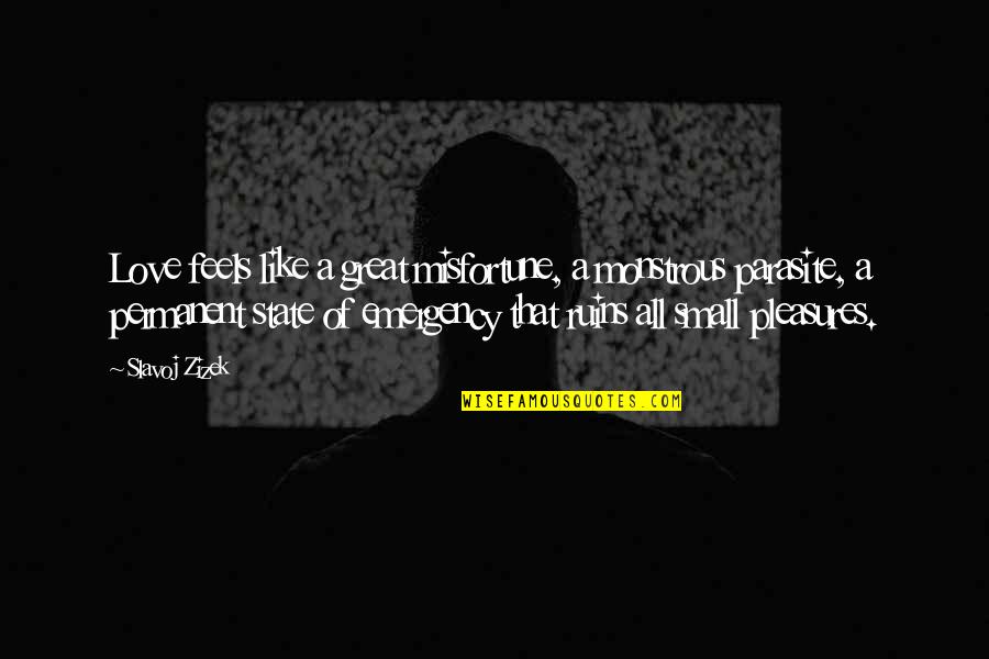 Gym Aching Quotes By Slavoj Zizek: Love feels like a great misfortune, a monstrous Gym Aching Quotes By Slavoj Zizek: Love feels like a great misfortune, a monstrous