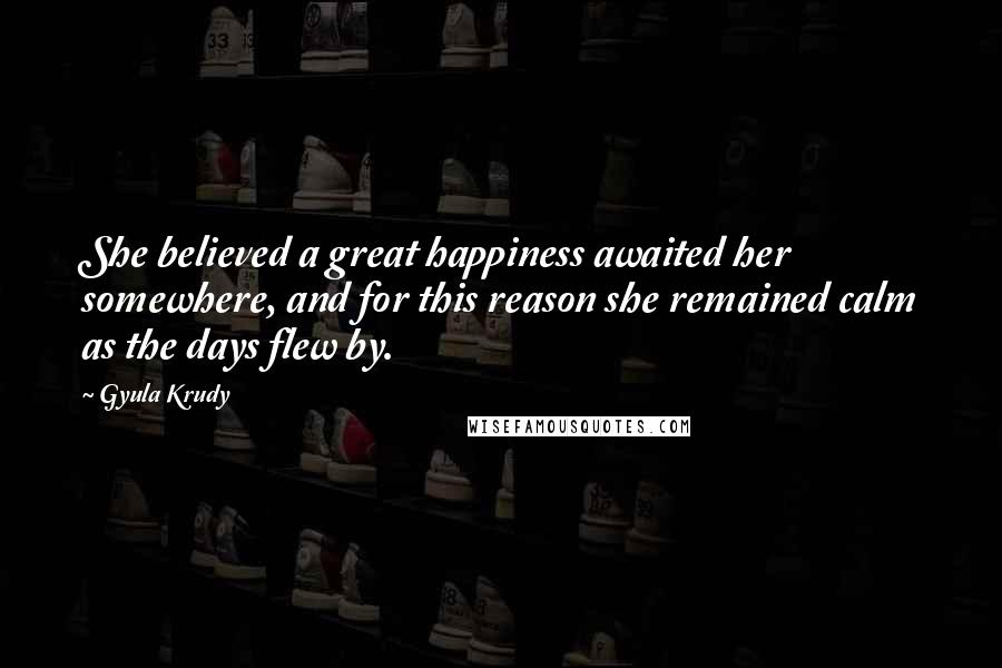 Gyula Krudy quotes: She believed a great happiness awaited her somewhere, and for this reason she remained calm as the days flew by.