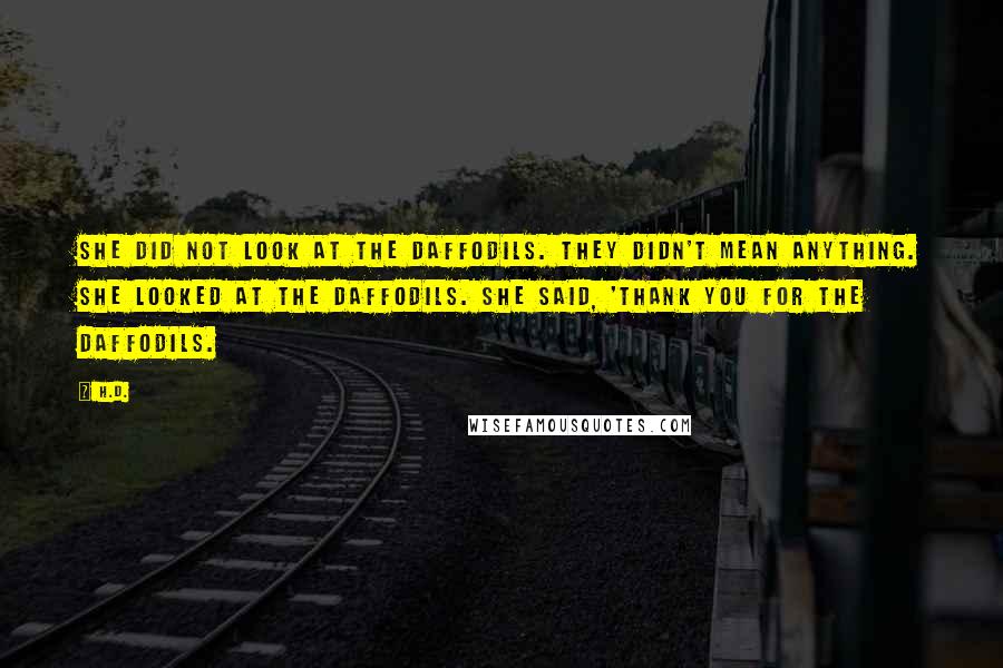 H.D. quotes: She did not look at the daffodils. They didn't mean anything. She looked at the daffodils. She said, 'Thank you for the daffodils.