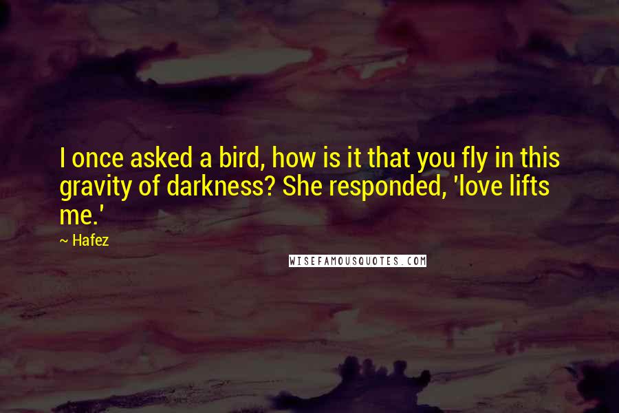 Hafez quotes: I once asked a bird, how is it that you fly in this gravity of darkness? She responded, 'love lifts me.'