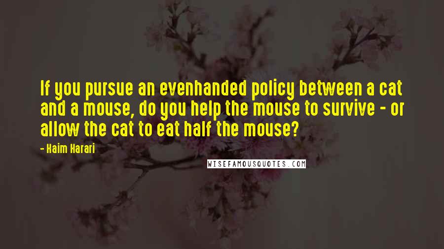 Haim Harari quotes: If you pursue an evenhanded policy between a cat and a mouse, do you help the mouse to survive - or allow the cat to eat half the mouse? Haim Harari quotes: If you pursue an evenhanded policy between a cat and a mouse, do you help the mouse to survive - or allow the cat to eat half the mouse?