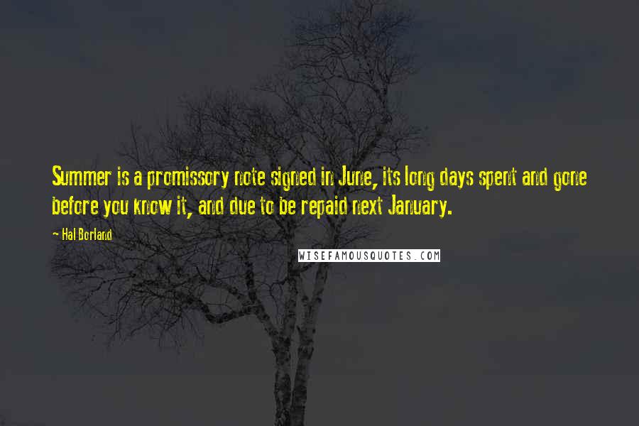 Hal Borland quotes: Summer is a promissory note signed in June, its long days spent and gone before you know it, and due to be repaid next January. Hal Borland quotes: Summer is a promissory note signed in June, its long days spent and gone before you know it, and due to be repaid next January.