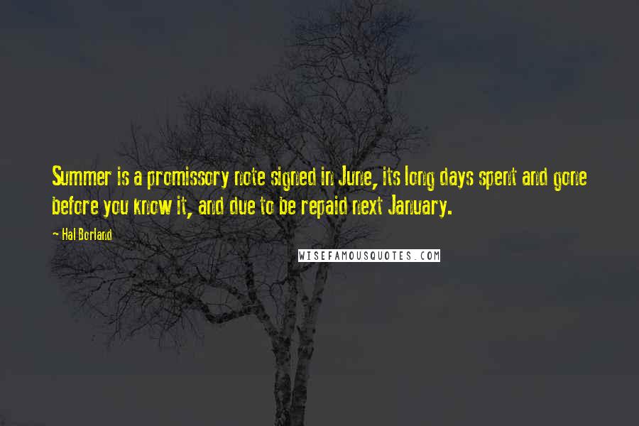 Hal Borland quotes: Summer is a promissory note signed in June, its long days spent and gone before you know it, and due to be repaid next January.