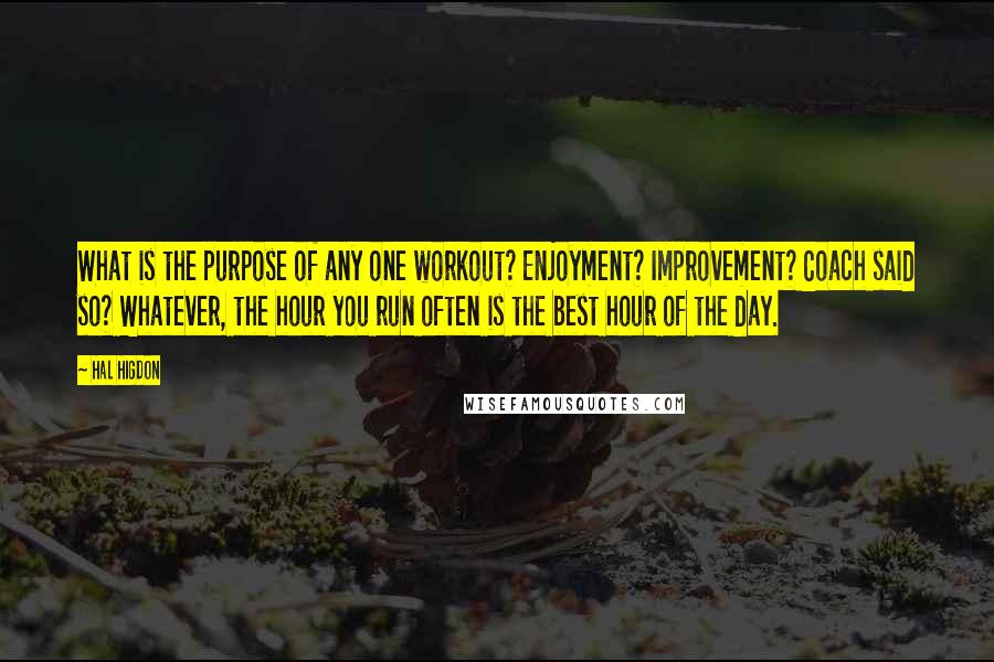 Hal Higdon quotes: What is the purpose of any one workout? Enjoyment? Improvement? Coach said so? Whatever, the hour you run often is the best hour of the day.