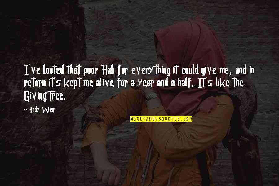 Half Alive Quotes By Andy Weir: I've looted that poor Hab for everything it
