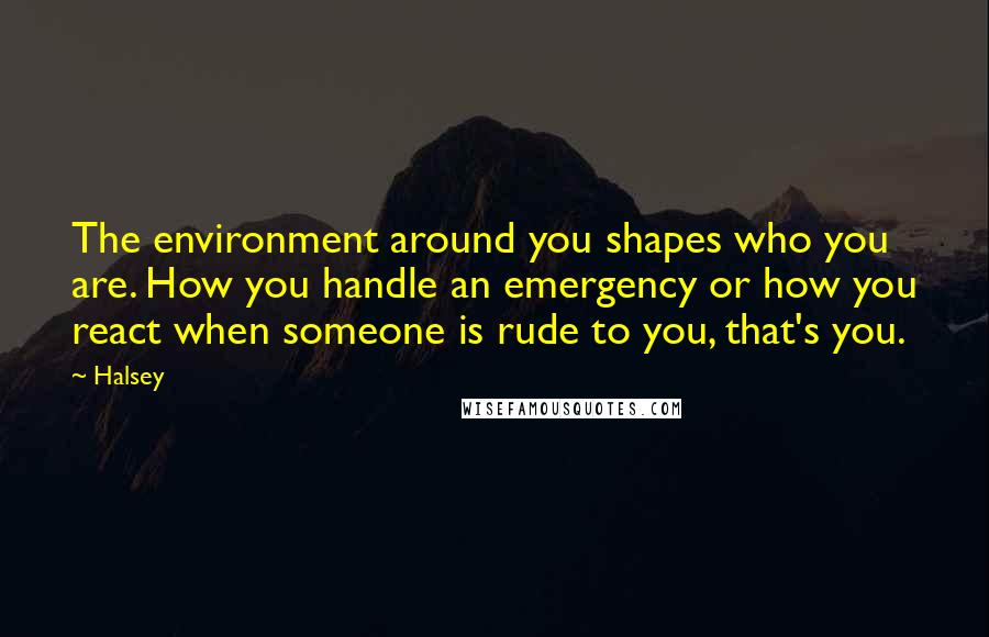 Halsey quotes: The environment around you shapes who you are. How you handle an emergency or how you react when someone is rude to you, that's you. Halsey quotes: The environment around you shapes who you are. How you handle an emergency or how you react when someone is rude to you, that's you.