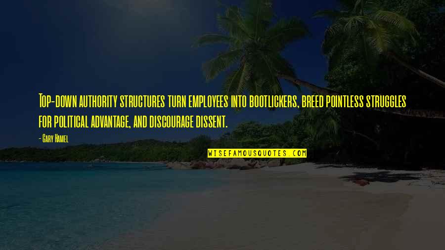 Hamel Quotes By Gary Hamel: Top-down authority structures turn employees into bootlickers, breed Hamel Quotes By Gary Hamel: Top-down authority structures turn employees into bootlickers, breed