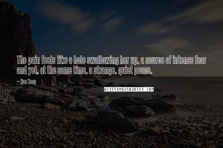 Han Kang quotes: The pain feels like a hole swallowing her up, a source of intense fear and yet, at the same time, a strange, quiet peace. Han Kang quotes: The pain feels like a hole swallowing her up, a source of intense fear and yet, at the same time, a strange, quiet peace.
