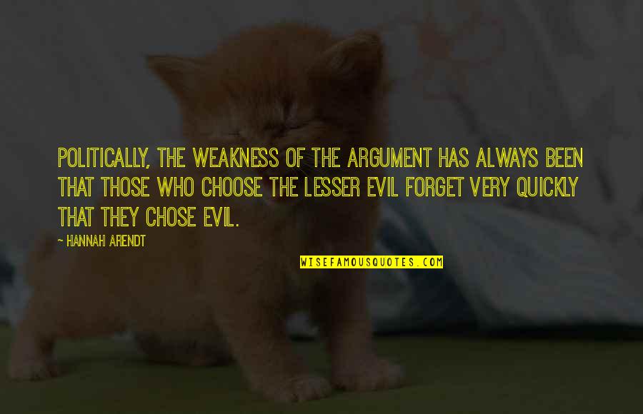 Hannah Arendt Quotes By Hannah Arendt: Politically, the weakness of the argument has always Hannah Arendt Quotes By Hannah Arendt: Politically, the weakness of the argument has always