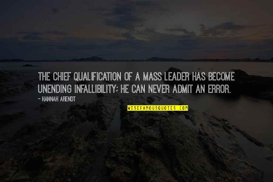 Hannah Arendt Quotes By Hannah Arendt: The chief qualification of a mass leader has Hannah Arendt Quotes By Hannah Arendt: The chief qualification of a mass leader has