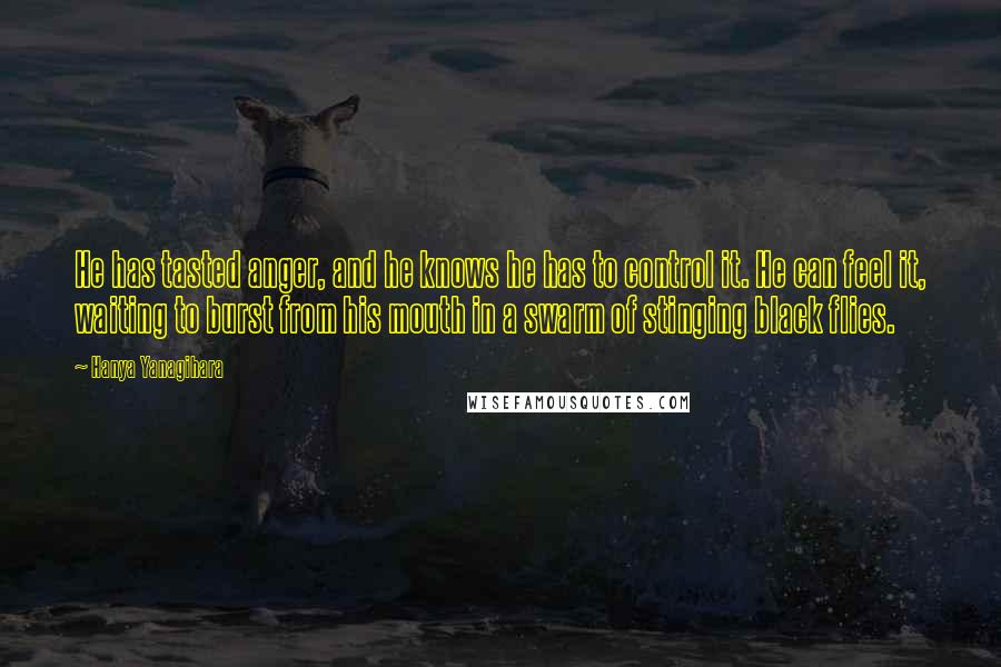 Hanya Yanagihara quotes: He has tasted anger, and he knows he has to control it. He can feel it, waiting to burst from his mouth in a swarm of stinging black flies.