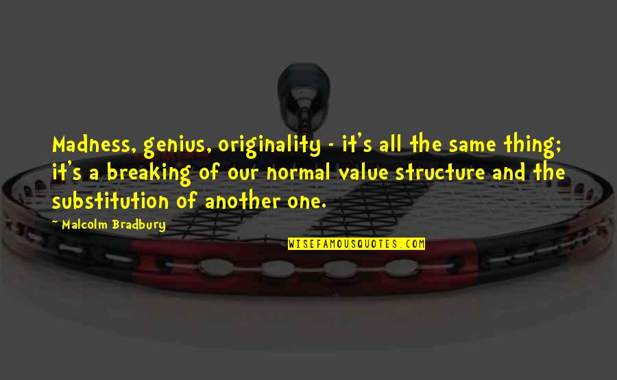 Happiness And Excitement Quotes By Malcolm Bradbury: Madness, genius, originality - it's all the same