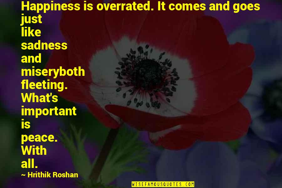 Happiness And Sadness Quotes By Hrithik Roshan: Happiness is overrated. It comes and goes just Happiness And Sadness Quotes By Hrithik Roshan: Happiness is overrated. It comes and goes just