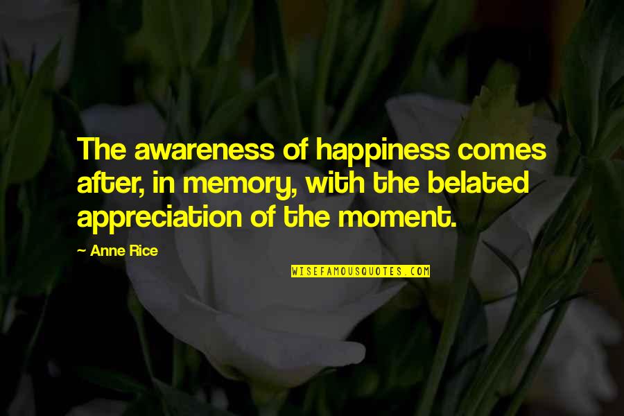 Happiness Comes Quotes By Anne Rice: The awareness of happiness comes after, in memory,