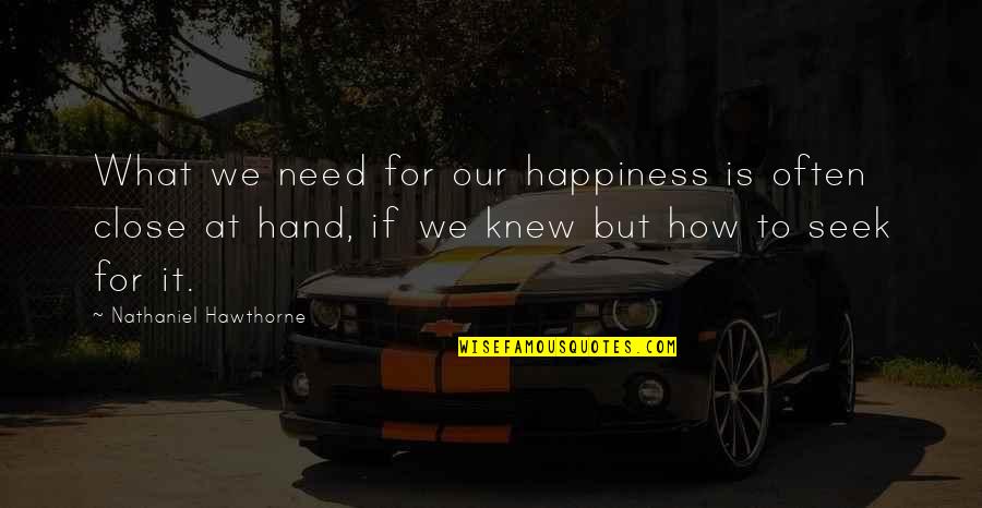 Happiness In My Hand Quotes By Nathaniel Hawthorne: What we need for our happiness is often Happiness In My Hand Quotes By Nathaniel Hawthorne: What we need for our happiness is often