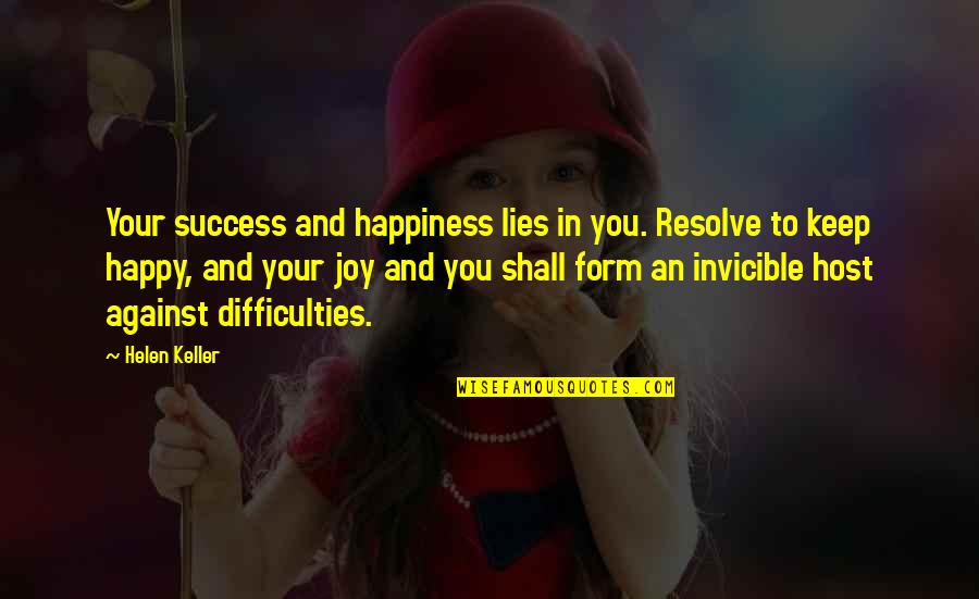 Happiness Lies Within You Quotes By Helen Keller: Your success and happiness lies in you. Resolve