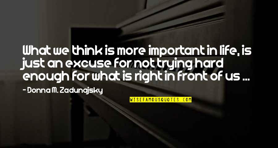 Hard For Us Quotes By Donna M. Zadunajsky: What we think is more important in life,