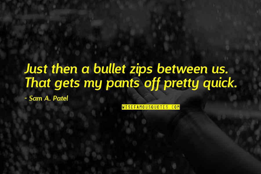 Hard Shell Soft Core Quotes By Sam A. Patel: Just then a bullet zips between us. That