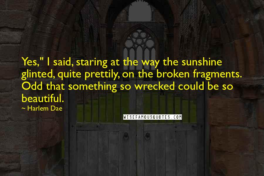 Harlem Dae quotes: Yes," I said, staring at the way the sunshine glinted, quite prettily, on the broken fragments. Odd that something so wrecked could be so beautiful.