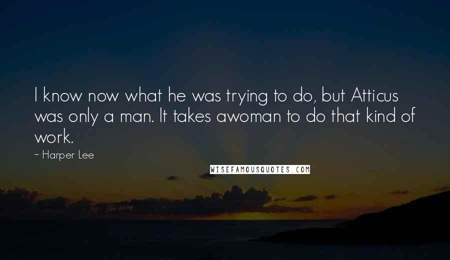 Harper Lee quotes: I know now what he was trying to do, but Atticus was only a man. It takes awoman to do that kind of work.