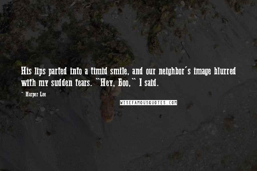 Harper Lee quotes: His lips parted into a timid smile, and our neighbor's image blurred with my sudden tears. "Hey, Boo," I said.