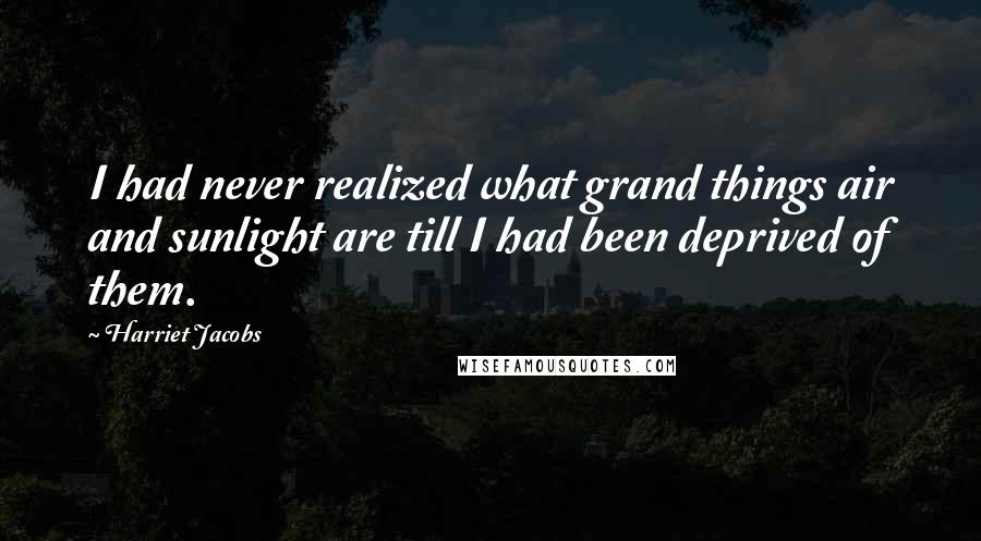 Harriet Jacobs quotes: I had never realized what grand things air and sunlight are till I had been deprived of them.