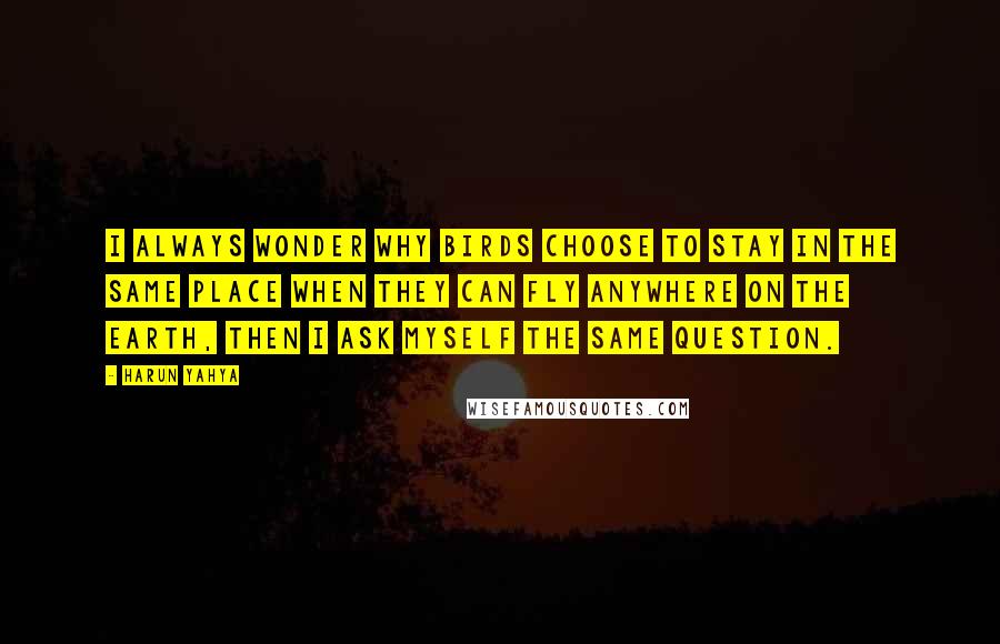 Harun Yahya quotes: I always wonder why birds choose to stay in the same place when they can fly anywhere on the earth, then I ask myself the same question.