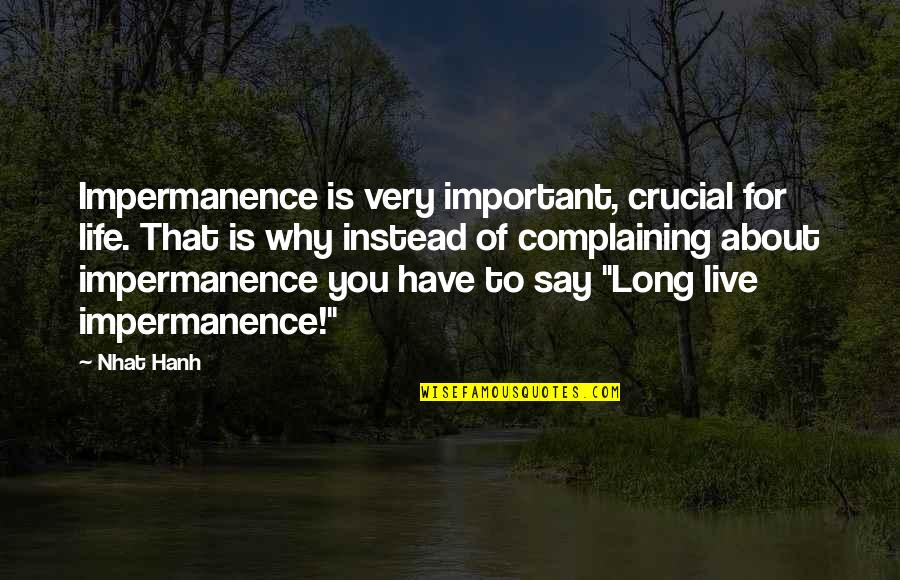 Have So Much To Say Quotes By Nhat Hanh: Impermanence is very important, crucial for life. That