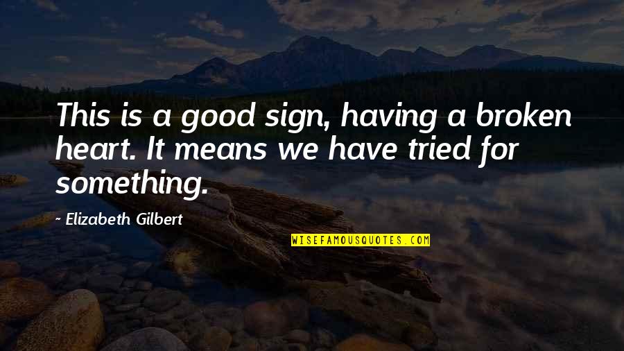Having Heart Broken Quotes By Elizabeth Gilbert: This is a good sign, having a broken