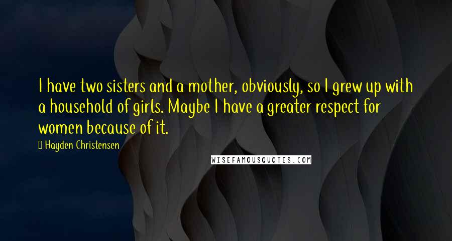 Hayden Christensen quotes: I have two sisters and a mother, obviously, so I grew up with a household of girls. Maybe I have a greater respect for women because of it.