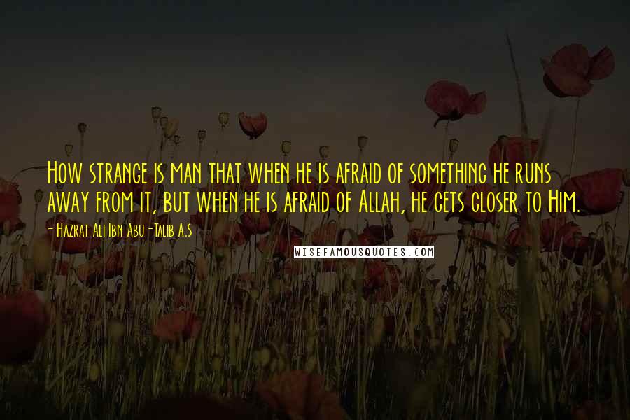 Hazrat Ali Ibn Abu-Talib A.S quotes: How strange is man that when he is afraid of something he runs away from it, but when he is afraid of Allah, he gets closer to Him. Hazrat Ali Ibn Abu-Talib A.S quotes: How strange is man that when he is afraid of something he runs away from it, but when he is afraid of Allah, he gets closer to Him.