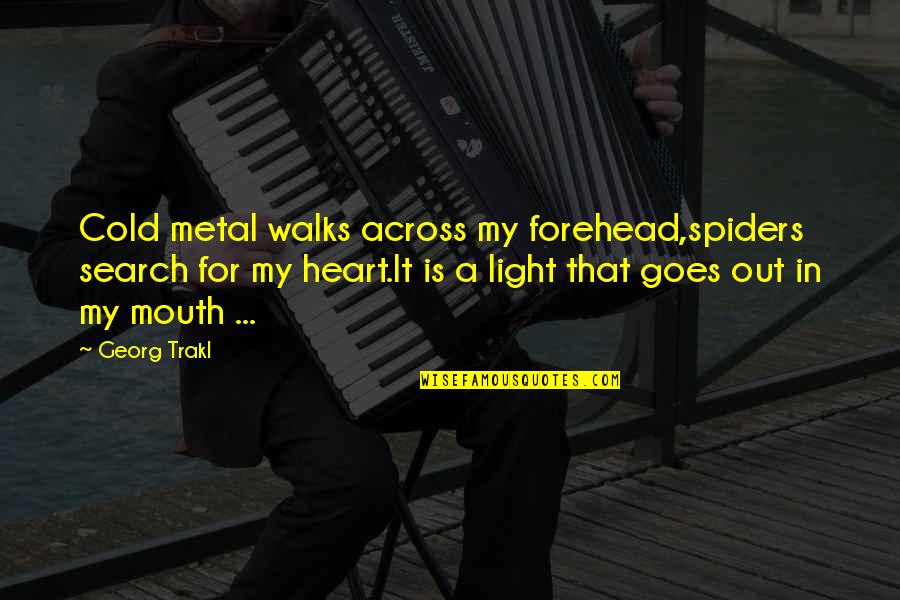 Heart Cold Quotes By Georg Trakl: Cold metal walks across my forehead,spiders search for Heart Cold Quotes By Georg Trakl: Cold metal walks across my forehead,spiders search for
