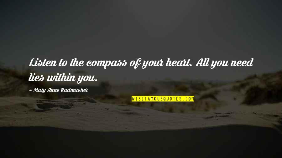 Heart Compass Quotes By Mary Anne Radmacher: Listen to the compass of your heart. All Heart Compass Quotes By Mary Anne Radmacher: Listen to the compass of your heart. All