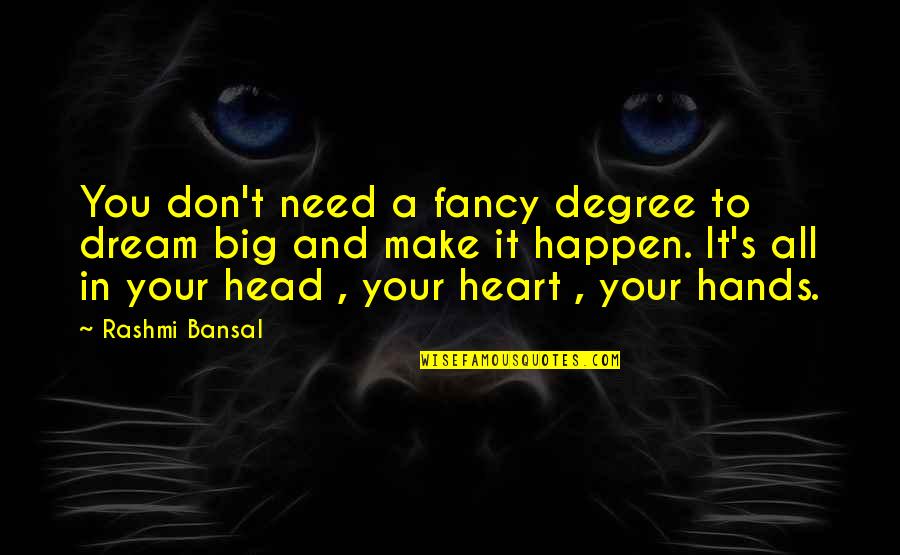 Heart To Head Quotes By Rashmi Bansal: You don't need a fancy degree to dream Heart To Head Quotes By Rashmi Bansal: You don't need a fancy degree to dream