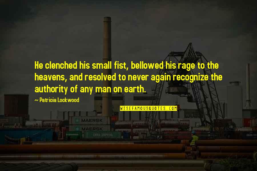 Heavens And The Earth Quotes By Patricia Lockwood: He clenched his small fist, bellowed his rage Heavens And The Earth Quotes By Patricia Lockwood: He clenched his small fist, bellowed his rage
