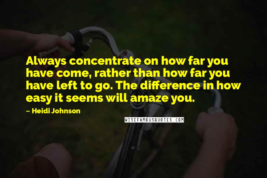 Heidi Johnson quotes: Always concentrate on how far you have come, rather than how far you have left to go. The difference in how easy it seems will amaze you.