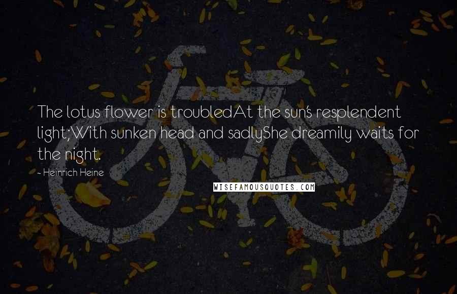 Heinrich Heine quotes: The lotus flower is troubledAt the sun's resplendent light;With sunken head and sadlyShe dreamily waits for the night. Heinrich Heine quotes: The lotus flower is troubledAt the sun's resplendent light;With sunken head and sadlyShe dreamily waits for the night.